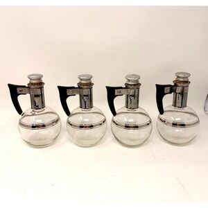 Rare! VTG!  LOT OF 4 MCM Glass Cruet Decanters Silver Band Black Handle Stoppers